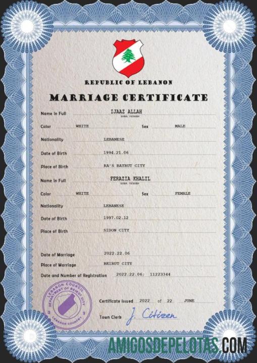 Imprimível modelo PSD de certidão de casamento no Líbano
